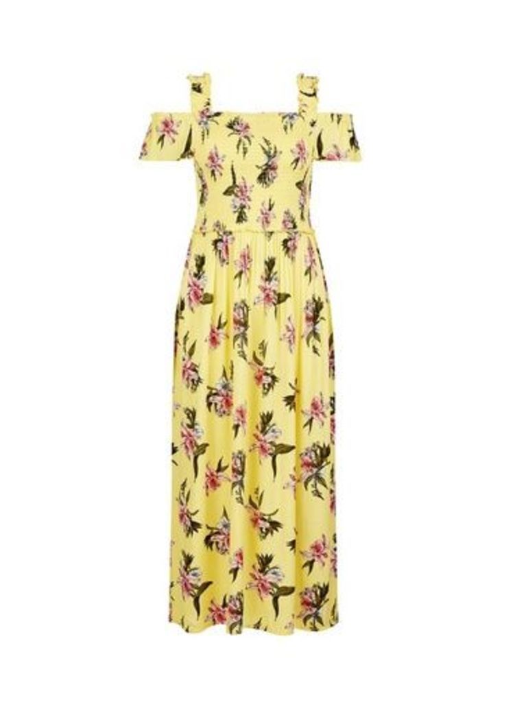 Womens **Tall Yellow Floral Print Midi Dress, Yellow