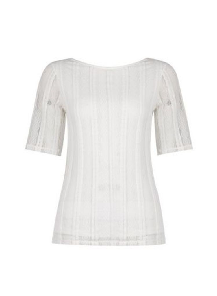 Womens Ivory Scoop Back Lace T-Shirt- White, White