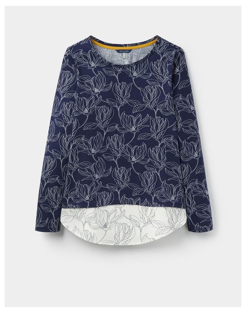 Navy Linear Floral Elysa Jersey top with woven hem panel  Size 14 | Joules UK