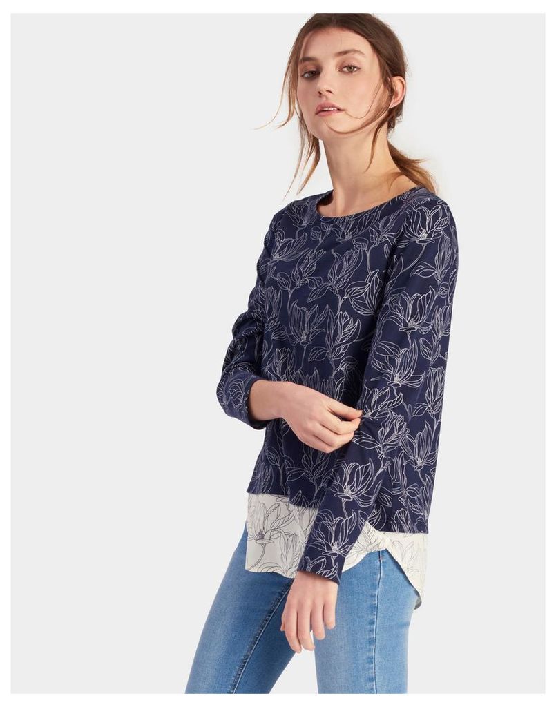 Navy Linear Floral Elysa Jersey top with woven hem panel  Size 16 | Joules UK