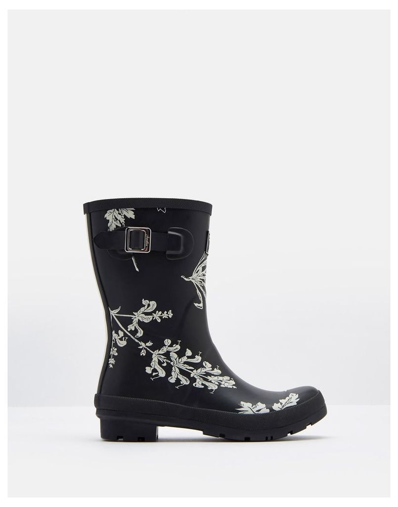 Black Botanical Molly Mid-Height Printed Welly  Size Adult 6 | Joules UK