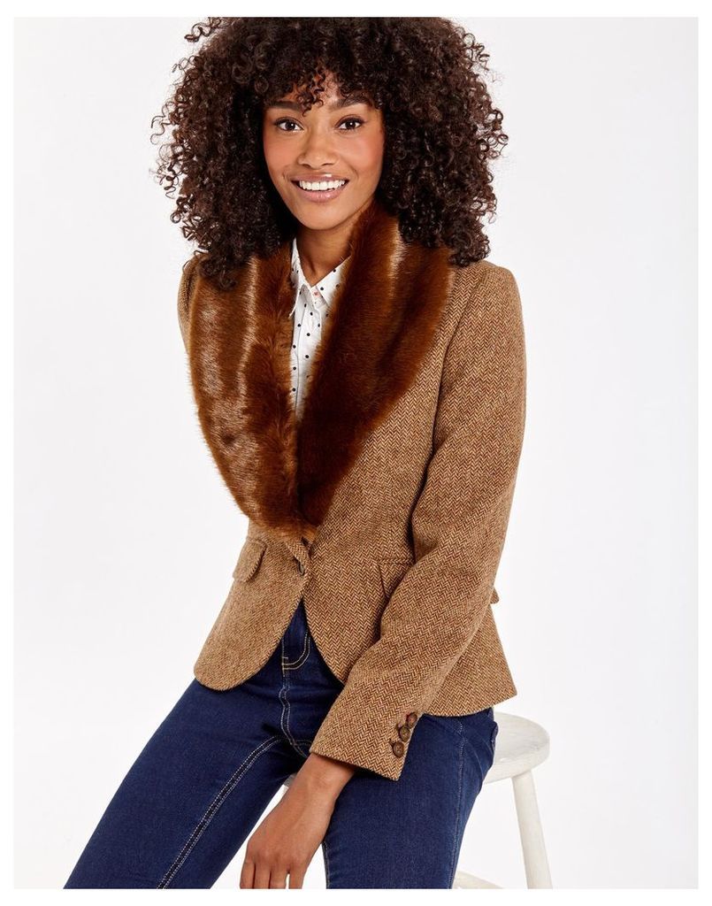 Camel Herringbone Wilomena Tweed Jacket  Size 12 | Joules UK