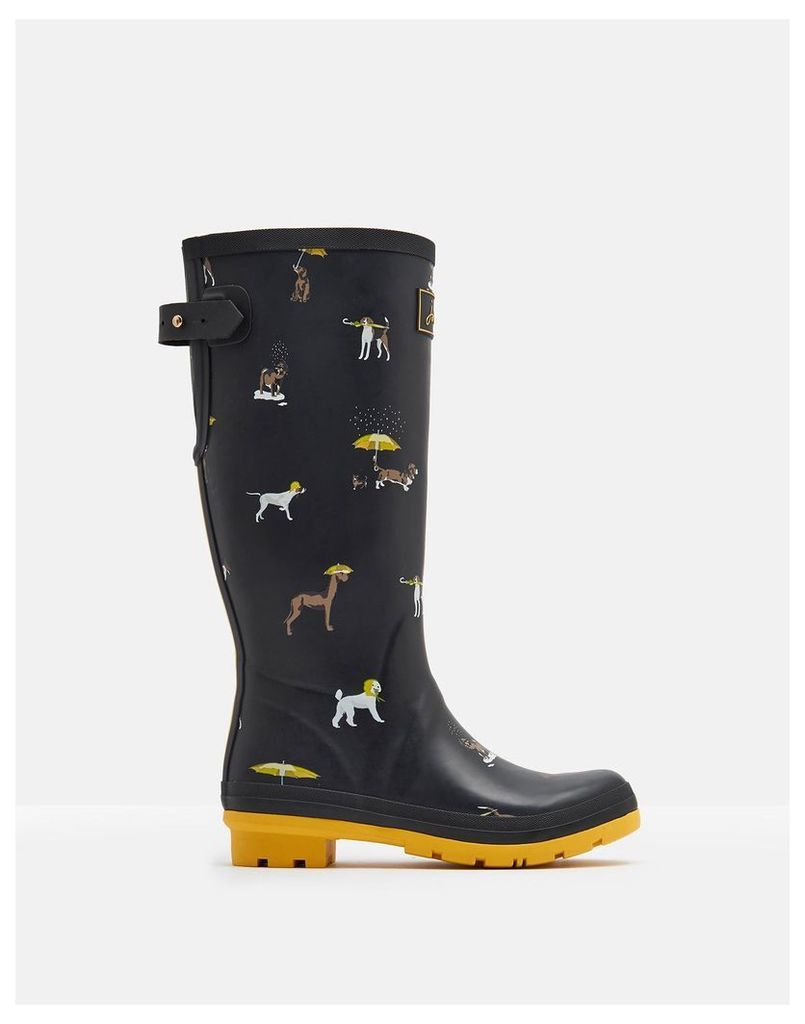 Black Raining Dogs Printed Wellies  Size Adult 6 | Joules UK