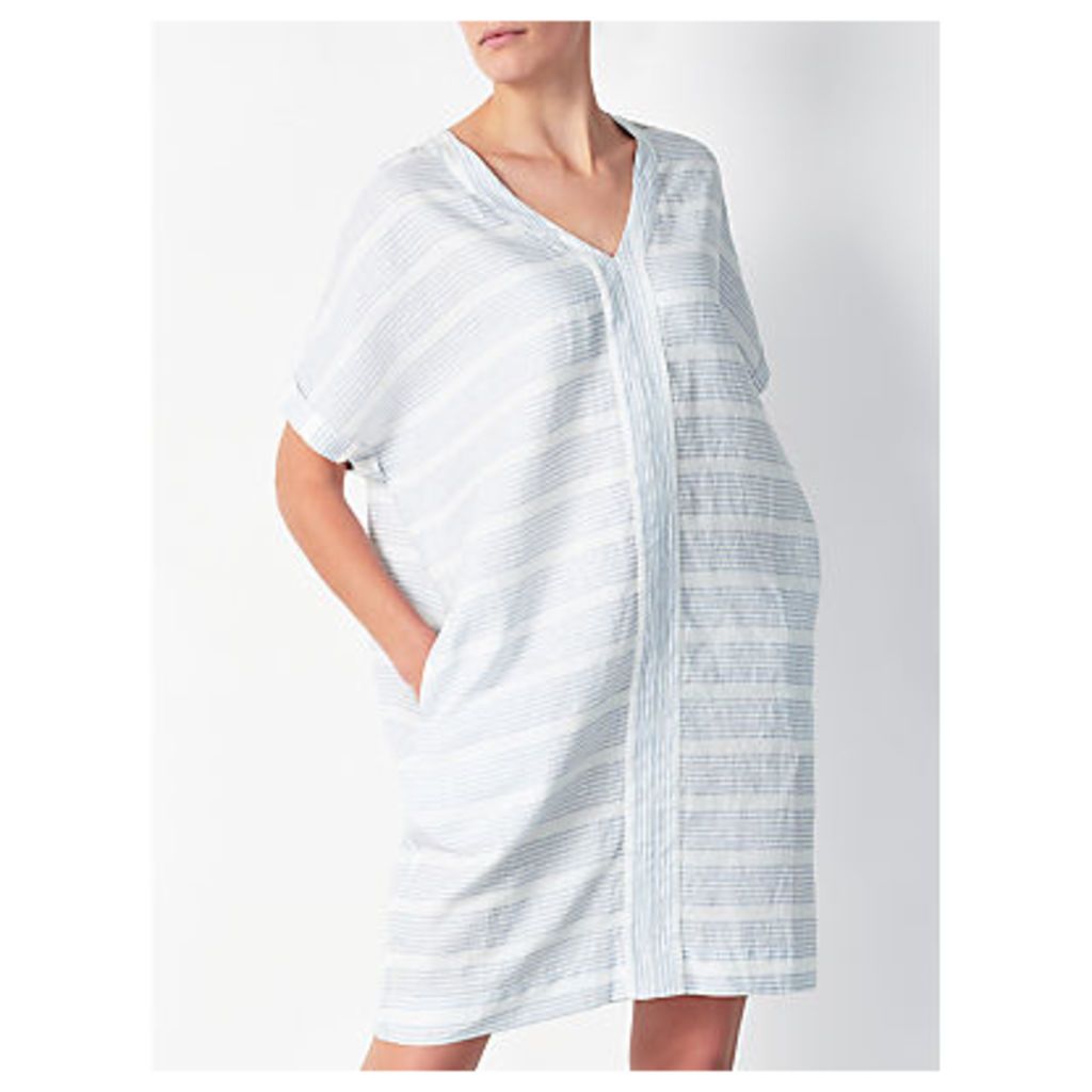 John Lewis Short Sleeve V-Neck Linen Dress, Pale Blue/White