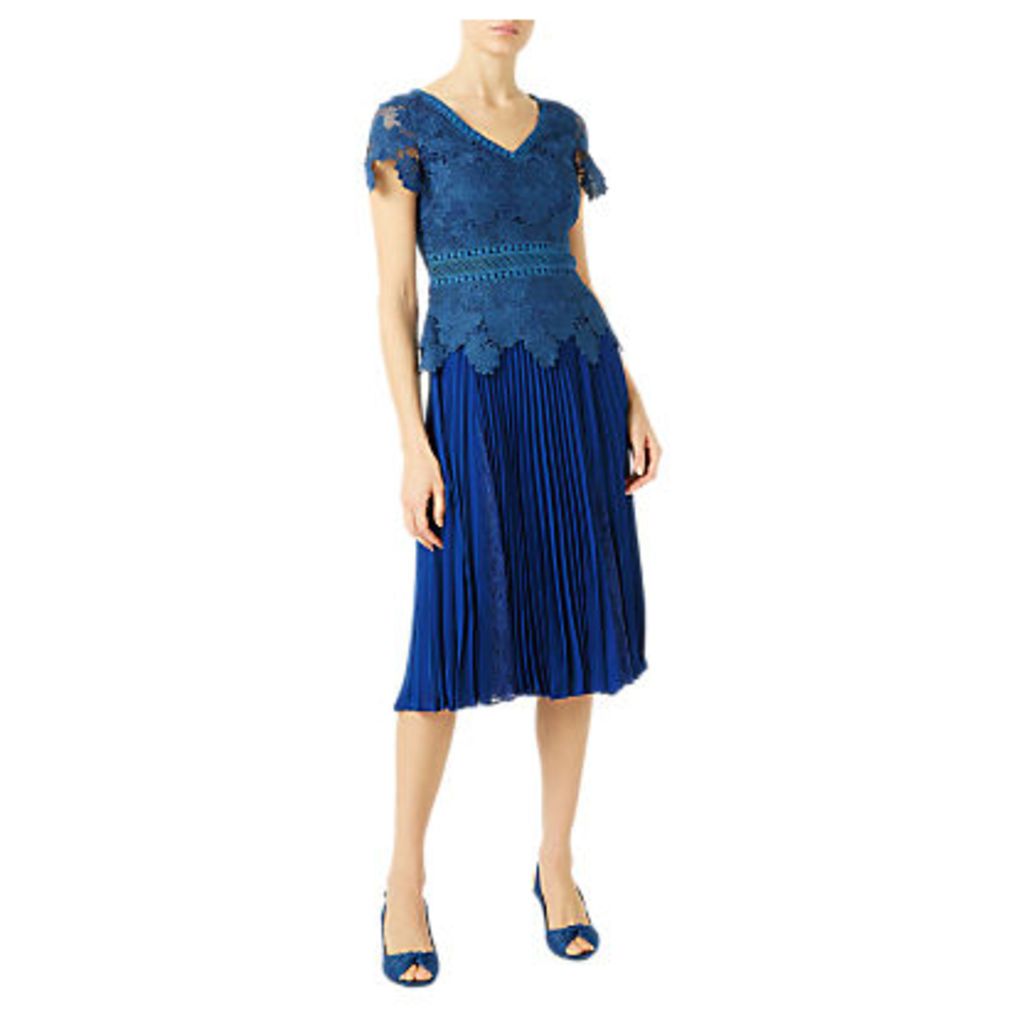 Jacques Vert Plisse Lace Insert Skirt, Blue