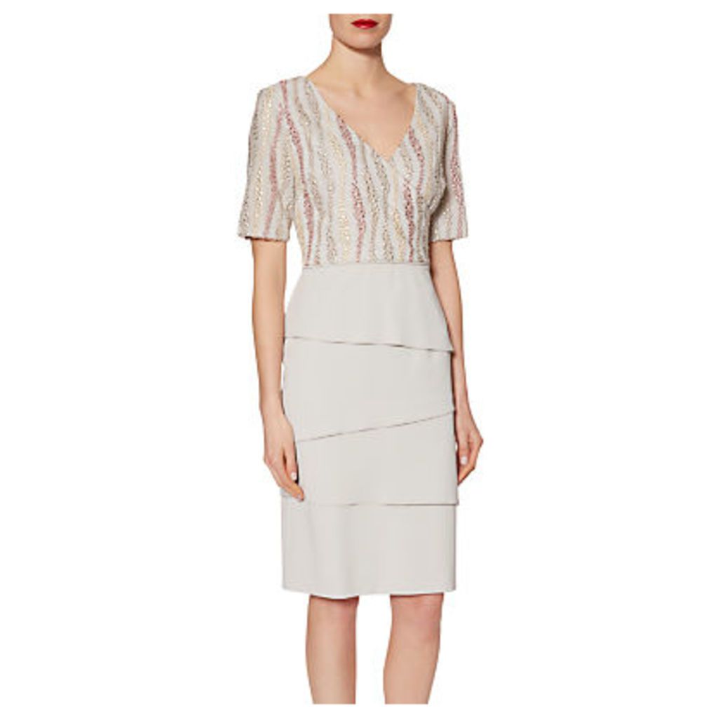 Gina Bacconi Crepe Dress With Embroidered Mesh Bodice, Silver Mist