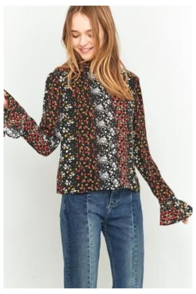 Urban Outfitters Pin Tuck Floral Black Blouse, Black Multi
