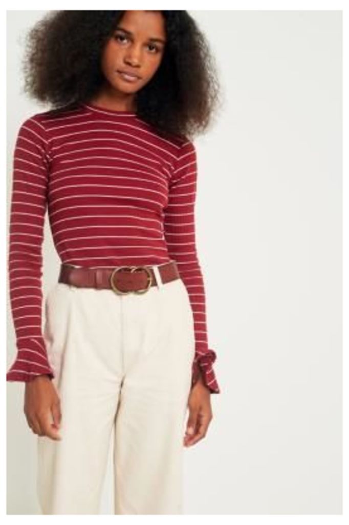 UO Striped Ribbed Trumpet Sleeve Top, red