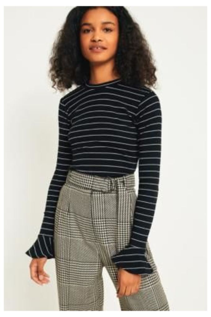 UO Ribbed Striped Trumpet Long Sleeve Knit Top, Black & White