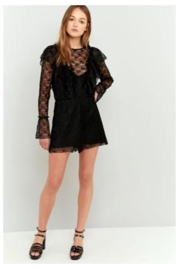 Pins & Needles Pleated Ruffle Neck Lace Playsuit, Black