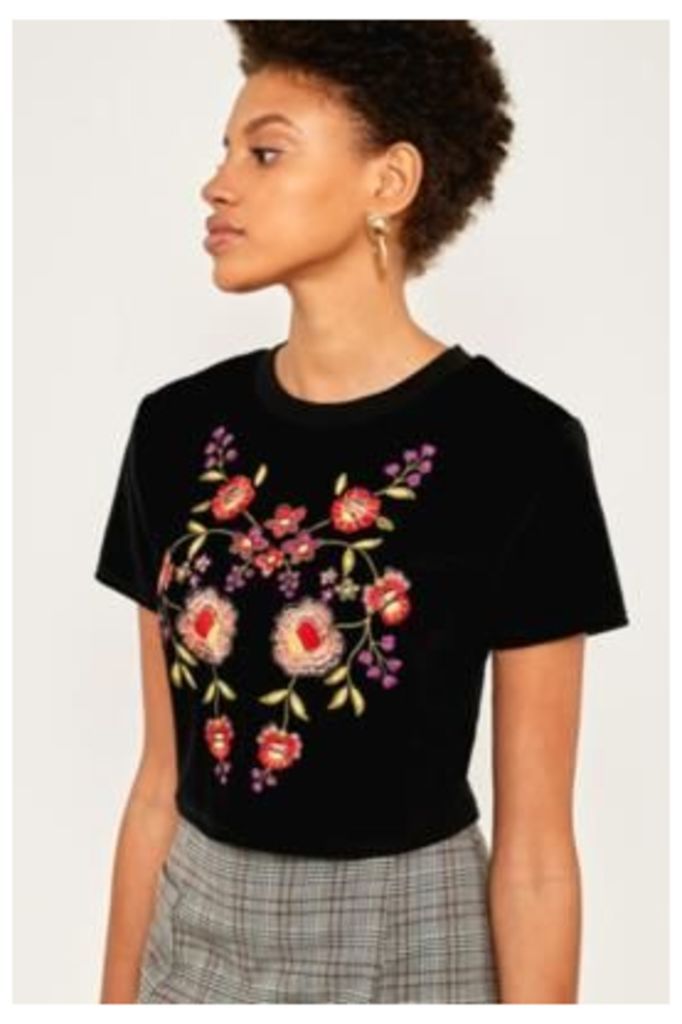 Pins & Needles Velvet Floral Embroidered T-Shirt, Black