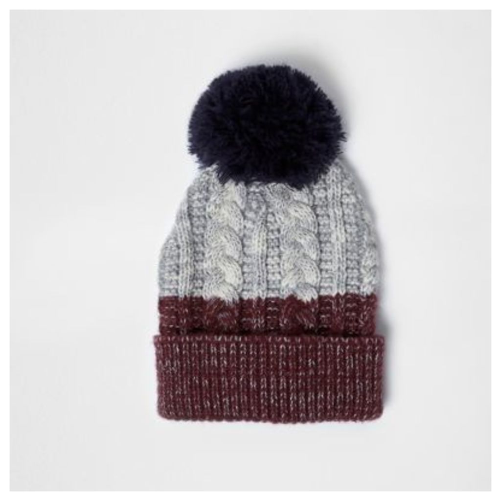 River Island Mens Red and grey twist knit bobble hat