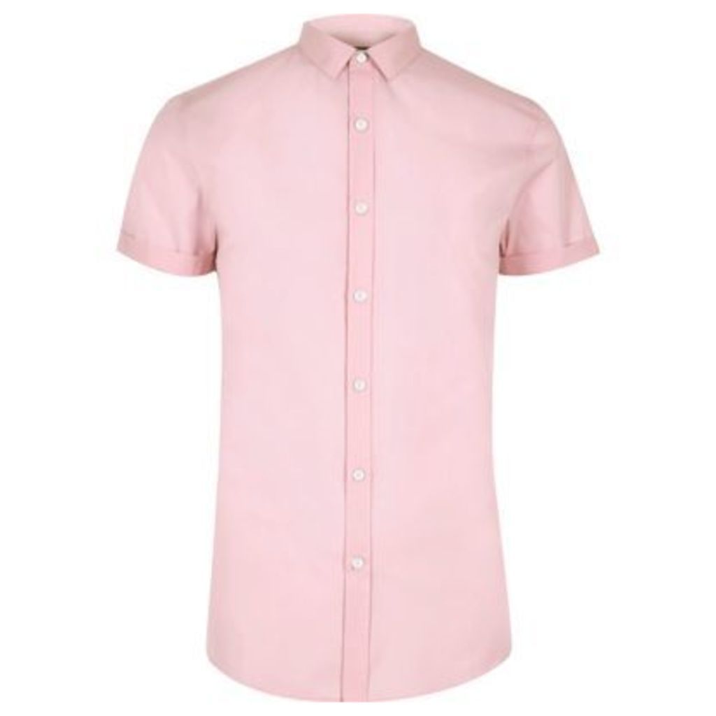 River Island Mens Pink micro collar short sleeve slim fit shirt