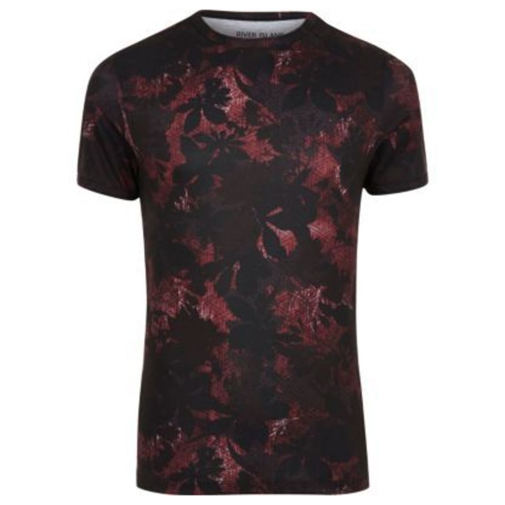 River Island Mens Black and red leaf print muscle fit T-shirt