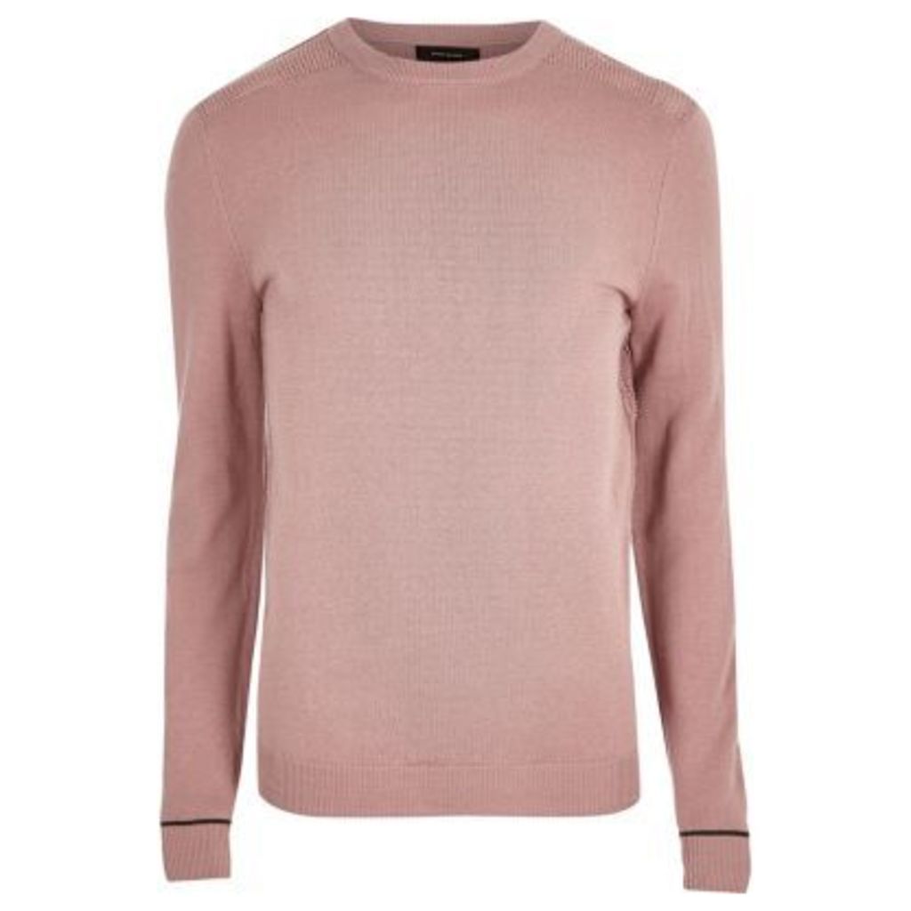 River Island Mens Light Pink knit slim fit mesh panel jumper