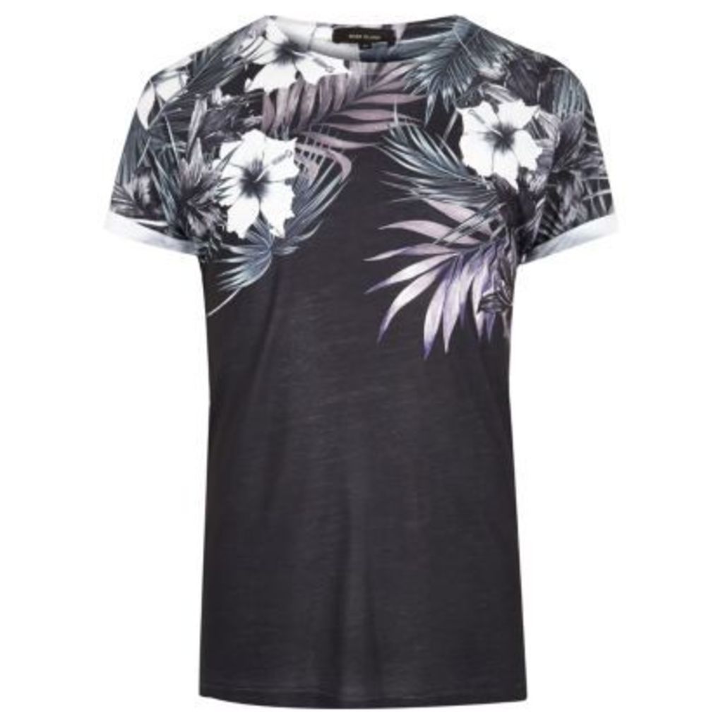 River Island Mens Black floral shoulder print T-shirt