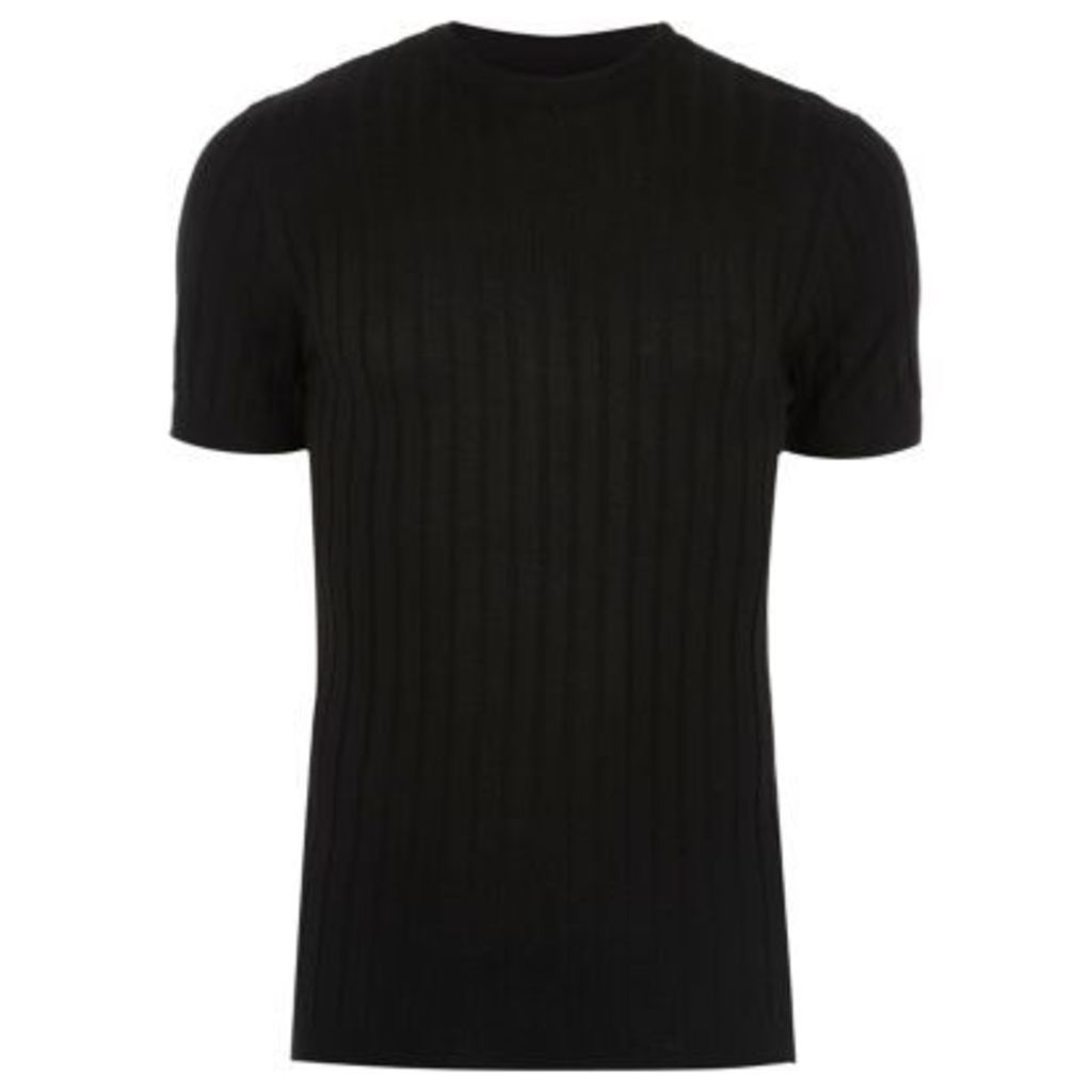 River Island Mens Black chunky ribbed muscle fit T-shirt