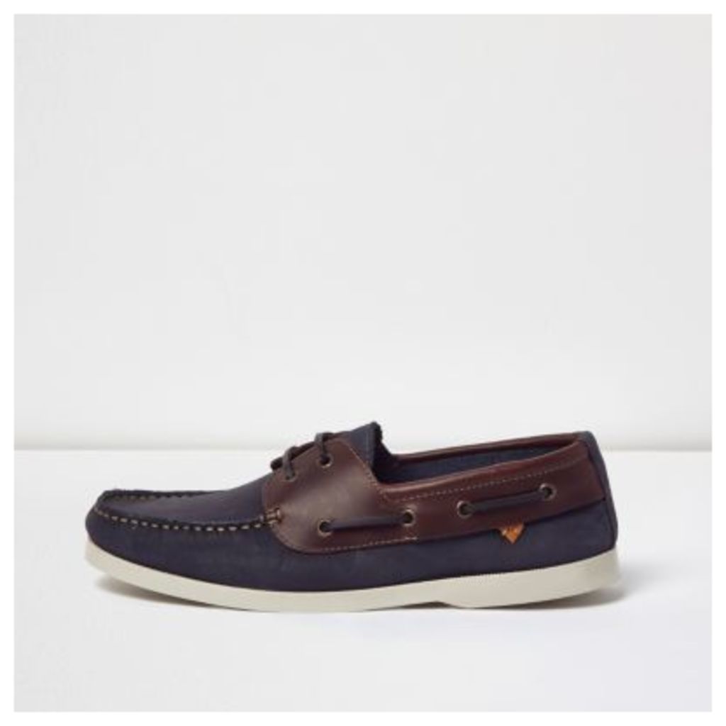 River Island Mens Navy dual colour leather boat shoes