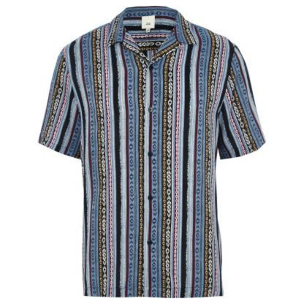 River Island Mens Blue aztec print revere short sleeve shirt