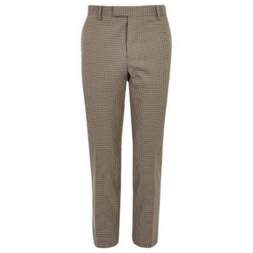 River Island Mens Brown dogstooth check cropped skinny trousers