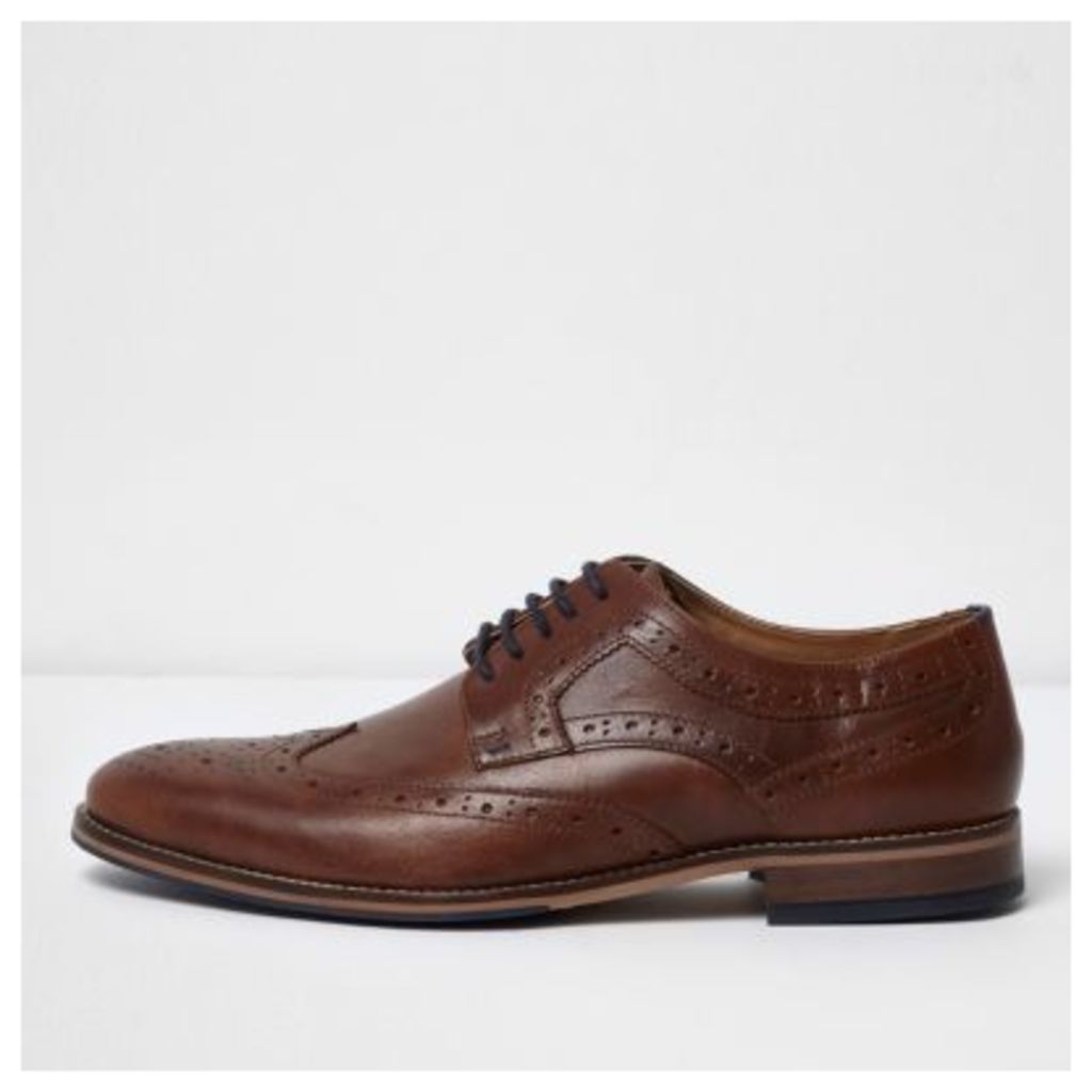 Mens River Island Dark Brown leather lace-up brogues