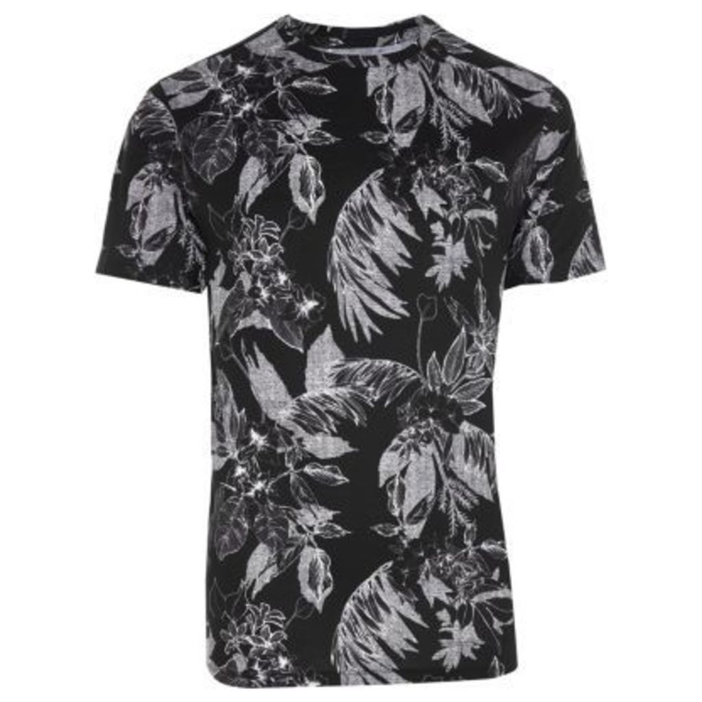 River Island Mens Black mono palm print slim fit T-shirt