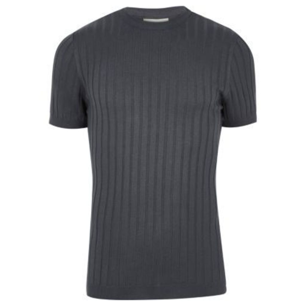 River Island Mens Dark Blue chunky ribbed muscle fit T-shirt
