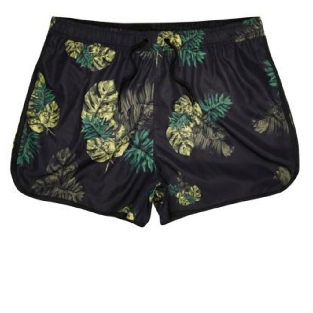 River Island Mens Black tropical print short swim shorts