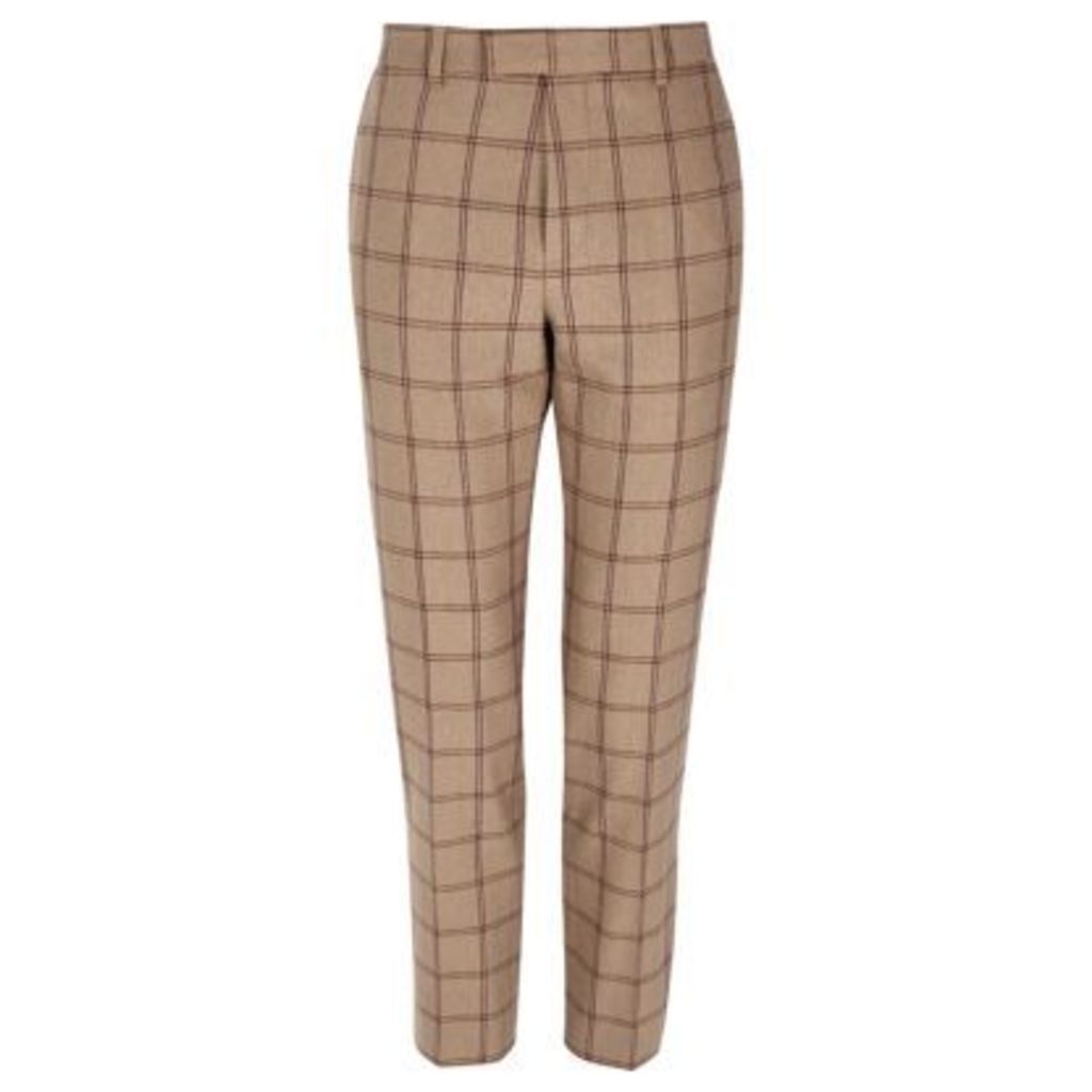 River Island Mens Beige check skinny fit suit trousers