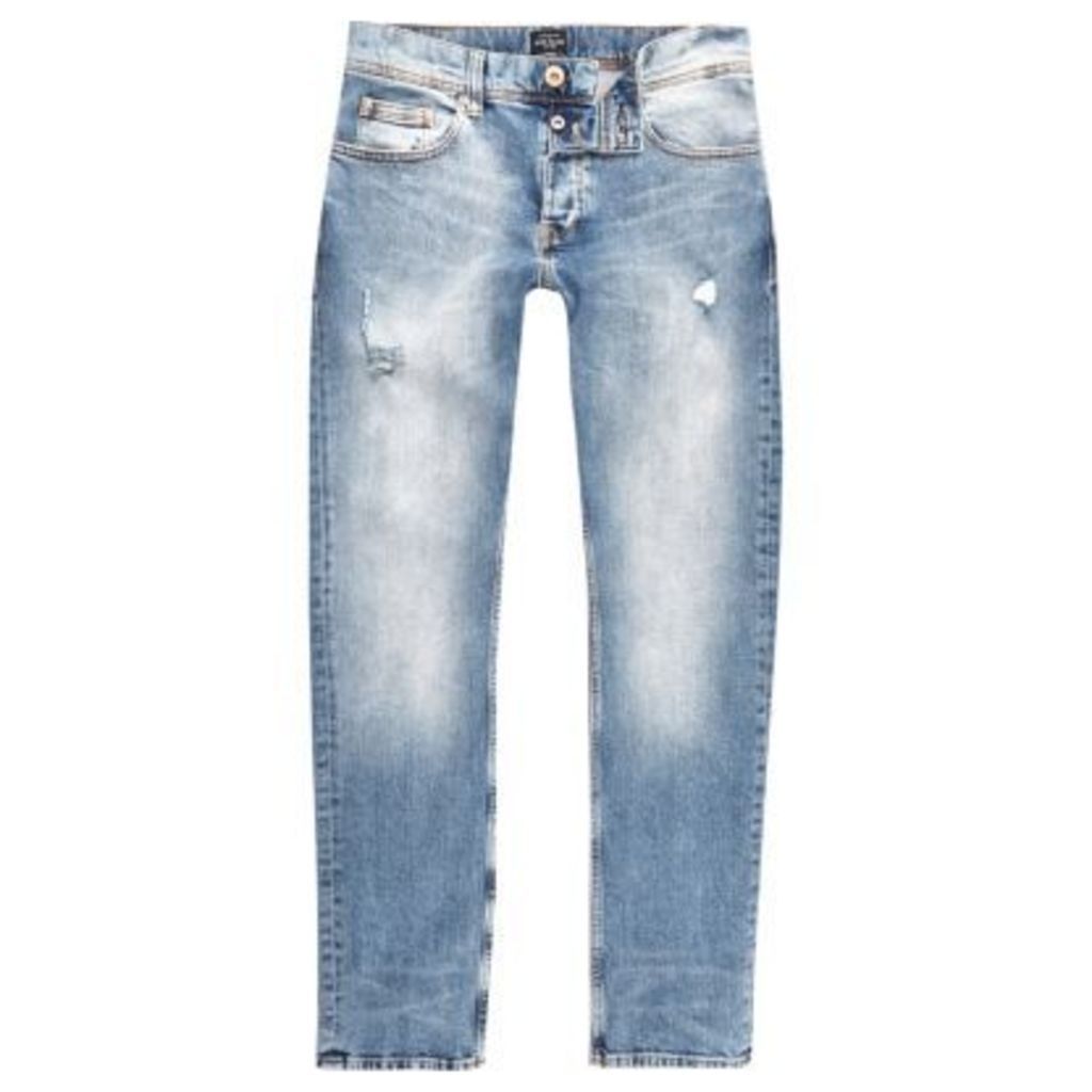 River Island Mens Mid Blue wash distressed slim fit Dylan jeans