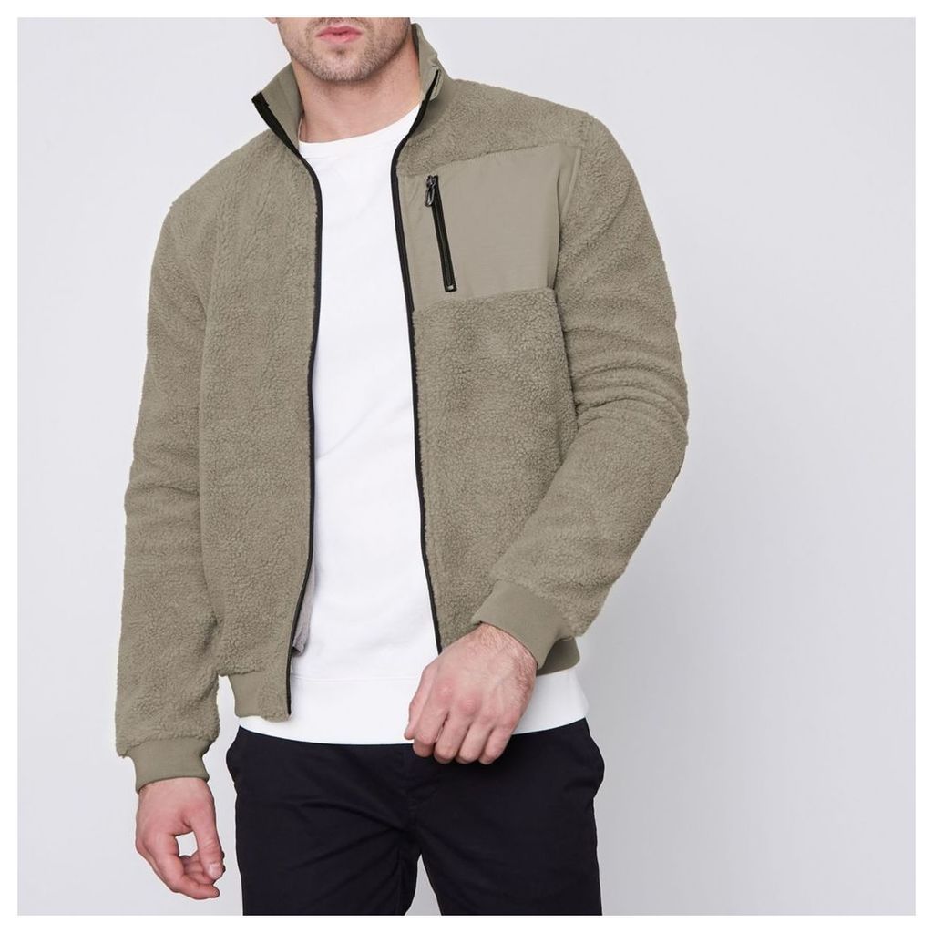 River Island Mens Only and Sons Grey teddy fleece zip-up jacket