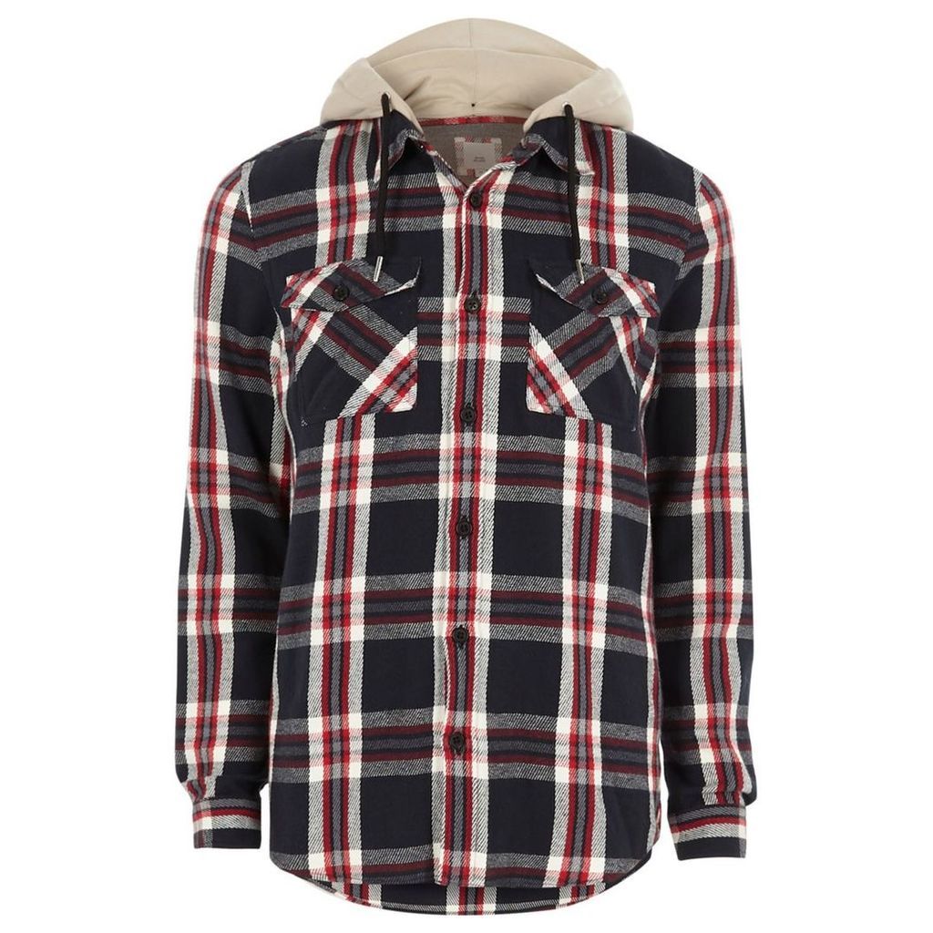 River Island Mens Red check casual hooded shirt