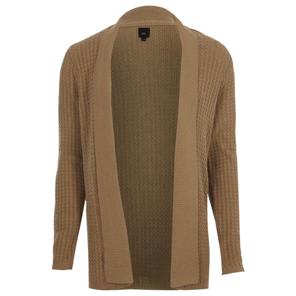 River Island Mens Light Brown cable knit open front cardigan