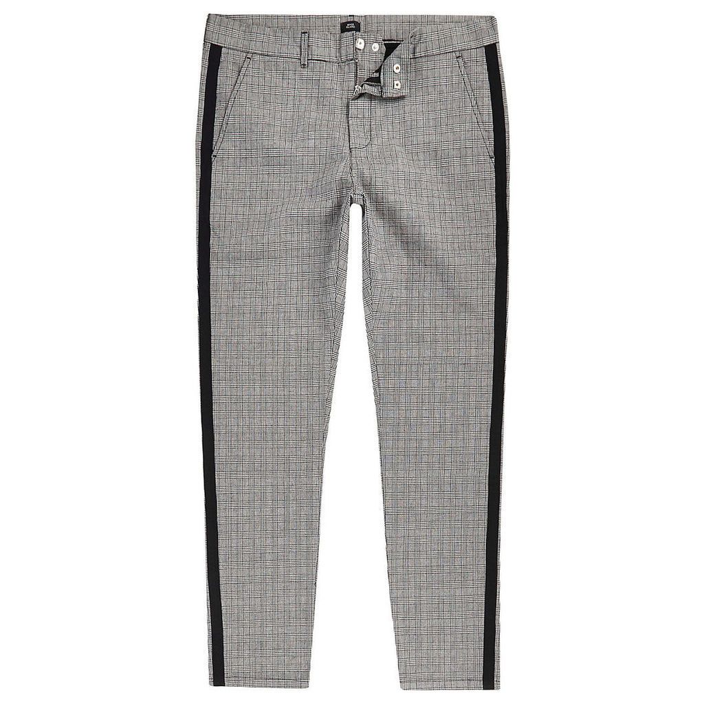 Mens River Island Grey check skinny fit tape chino trousers