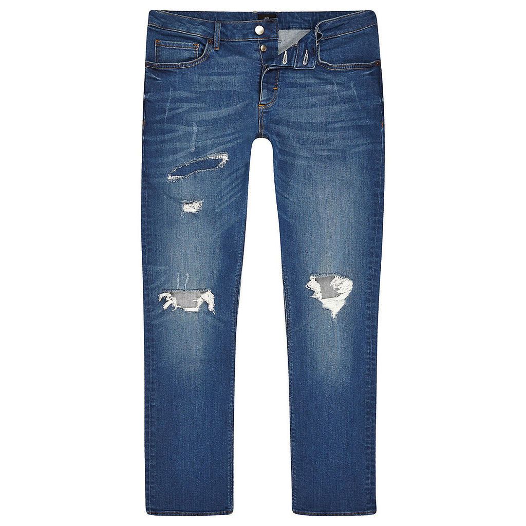 Mens River Island Mid Blue Dylan slim stretch ripped jeans