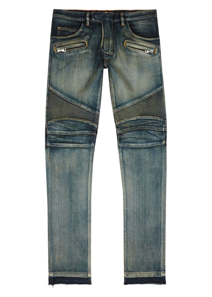 Blue slim-leg biker jeans