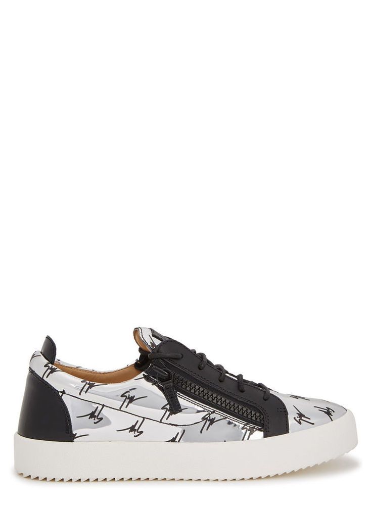 Giuseppe Zanotti Monogrammed Silver Patent Leather Trainers - Size 6