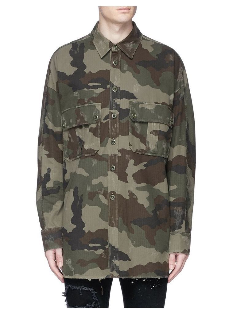 Camouflage print distressed cotton coat