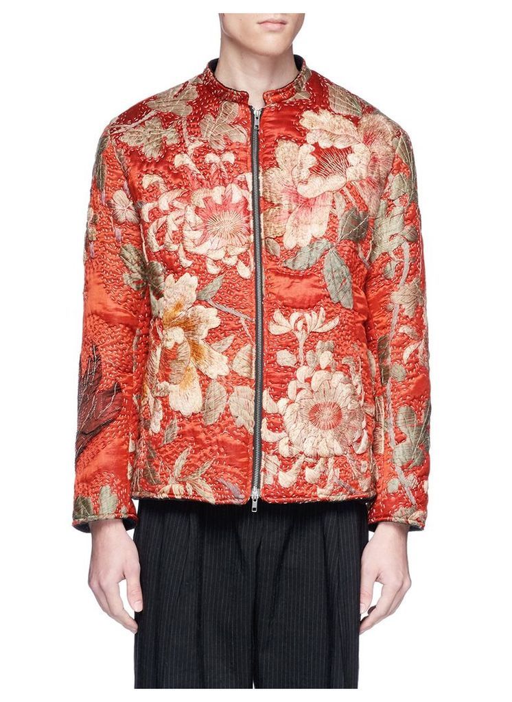 Floral embroidered silk satin bomber jacket