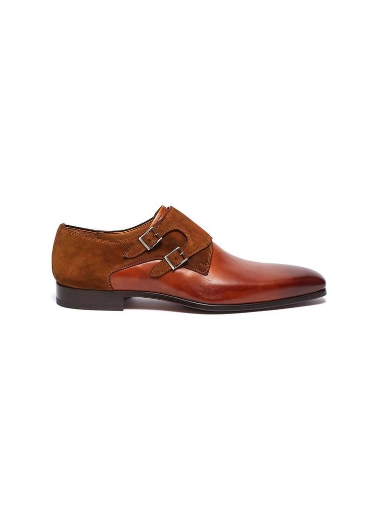 Suede panel double monk strap leather shoes