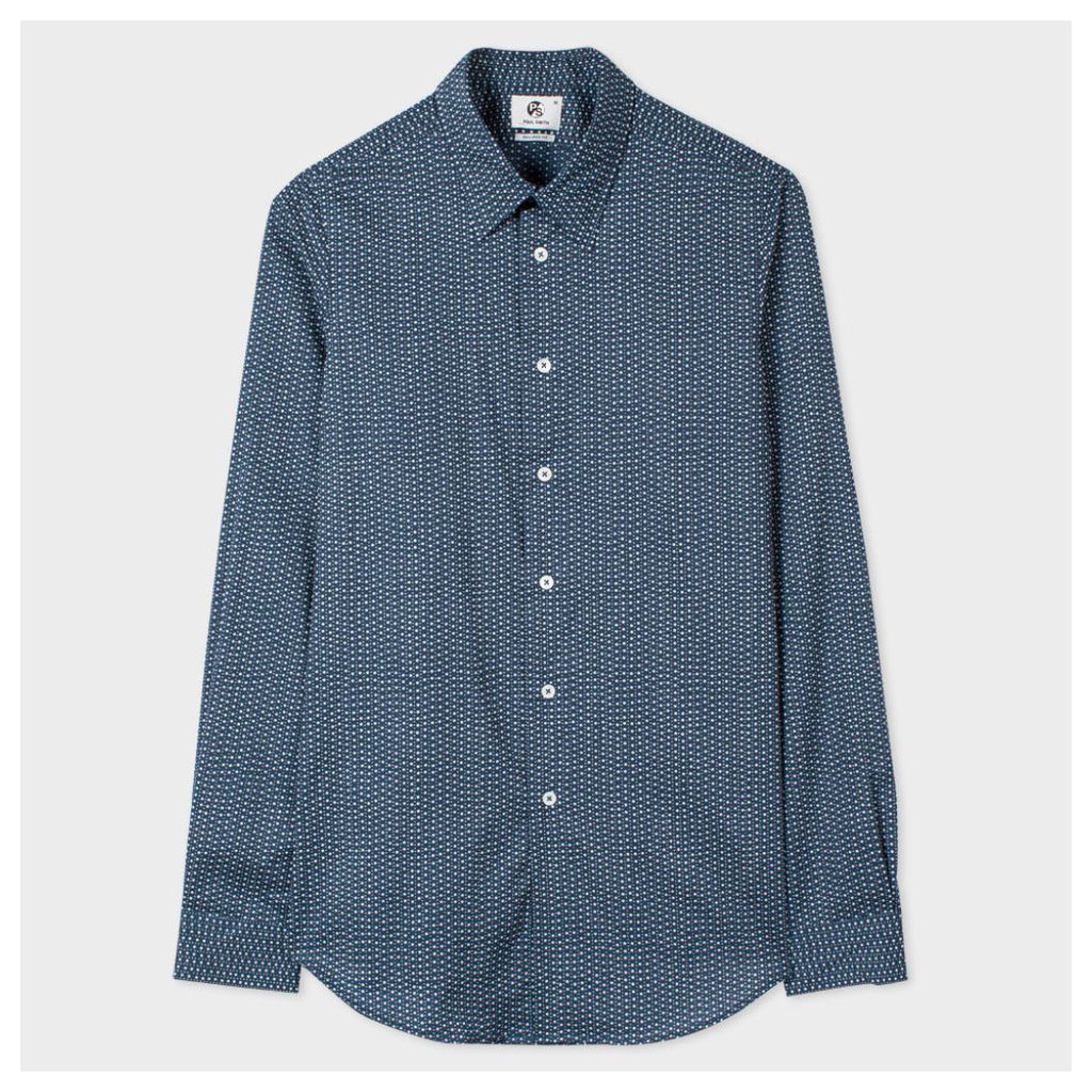 Men's Tailored-Fit Blue Split-Scale Polka Dot Print Shirt