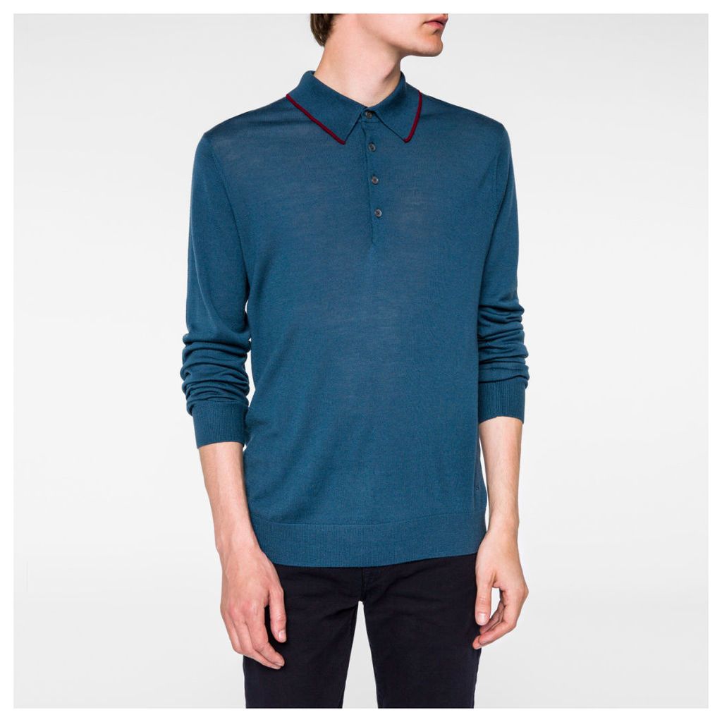 Men's Petrol Blue Merino-Wool Long-Sleeve Polo Shirt