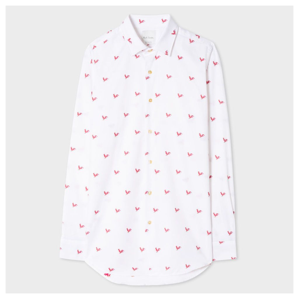 Men's Tailored-Fit White 'Rooster' Motif Cotton-Twill Shirt