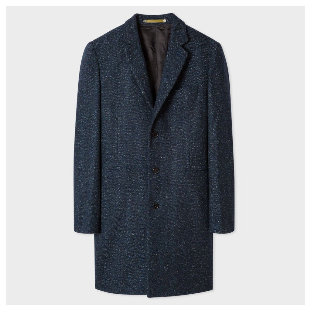 Men's Navy Wool-Silk Flecked Herringbone Overcoat