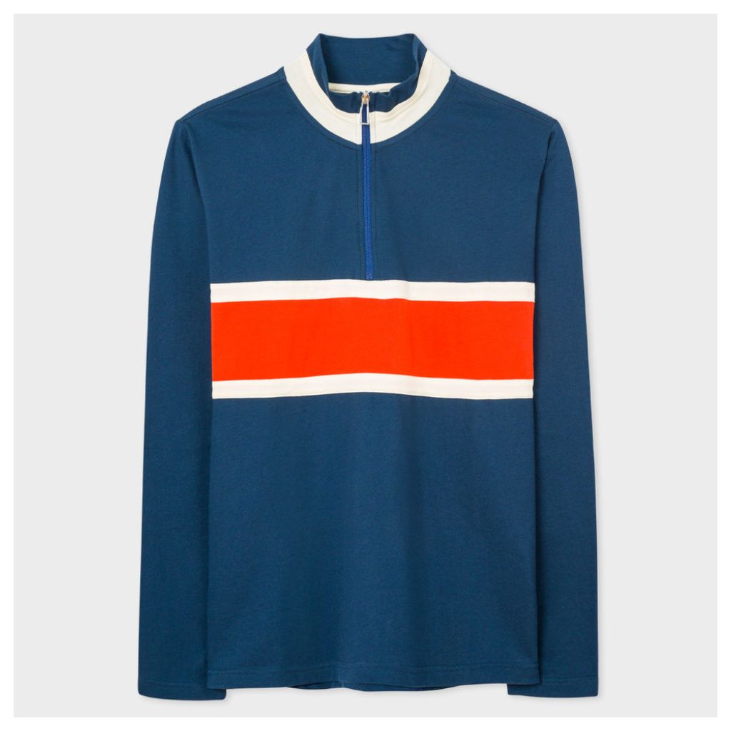Men's Blue Half-Zip Loopback-Cotton Sweatshirt With Contrast Stripe