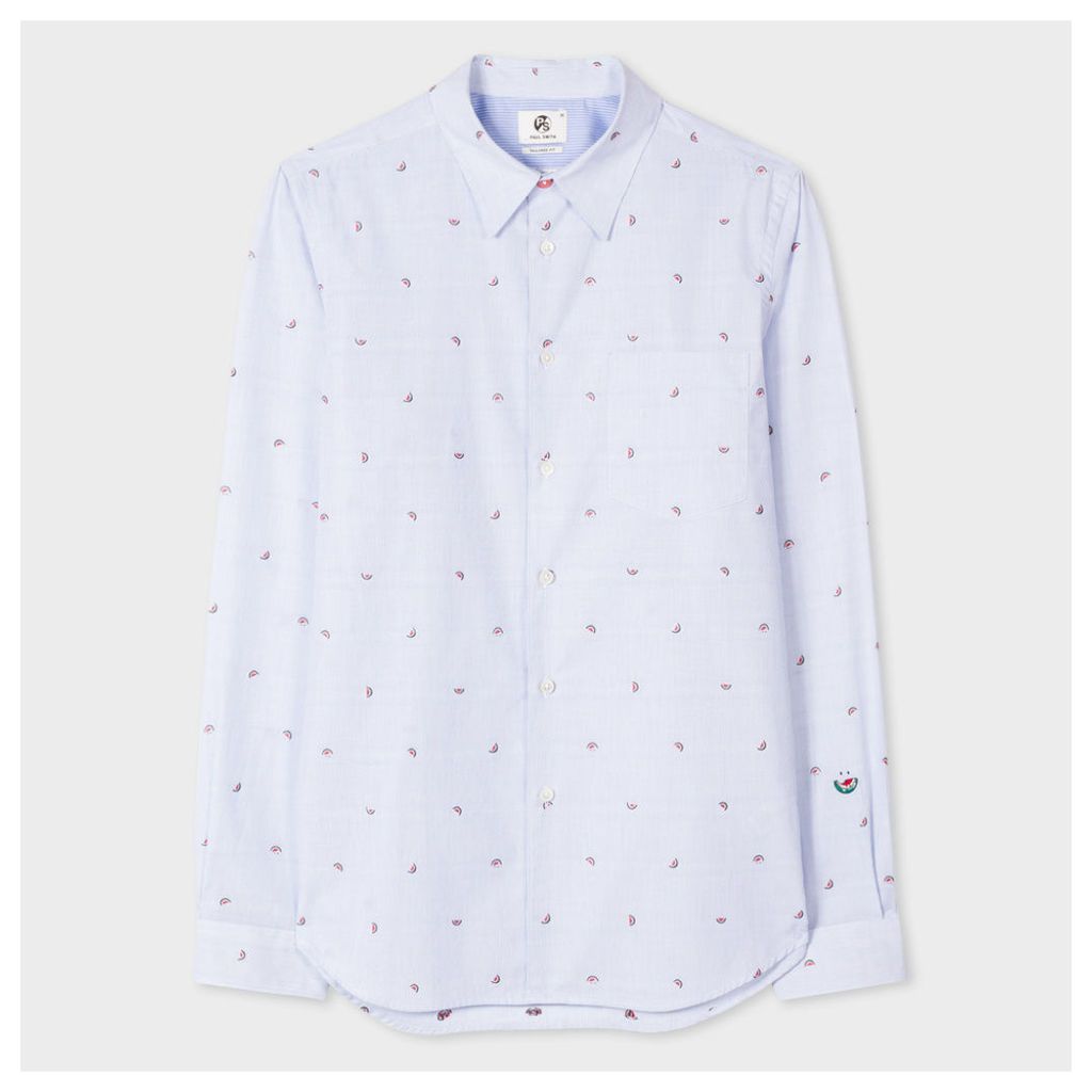 Men's Tailored-Fit Blue And White Pinstripe 'Watermelon' Motif Shirt