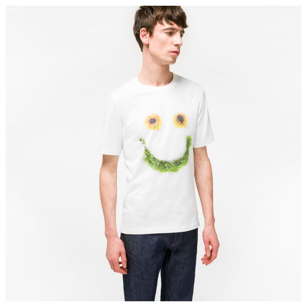 Men's Slim-Fit White 'Floral Smile' Print T-Shirt