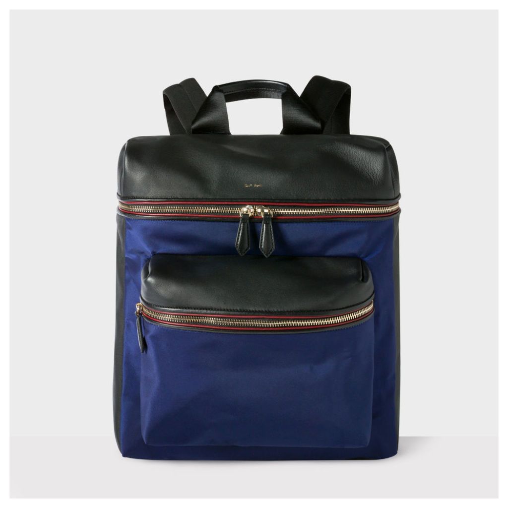Men's Black And Blue Leather And Nylon Backpack