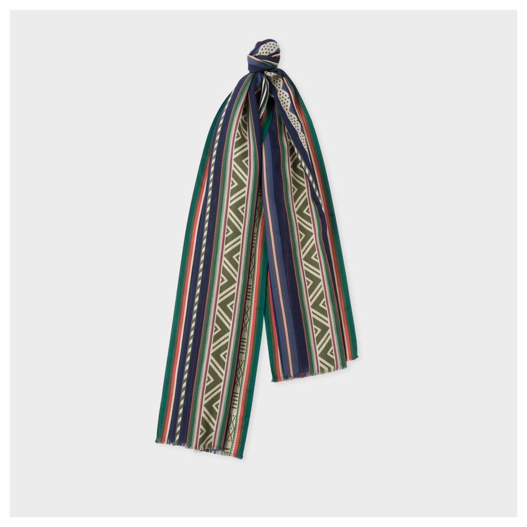 Men's Green And Navy 'Indian Summer' Pattern Cotton-Silk Scarf