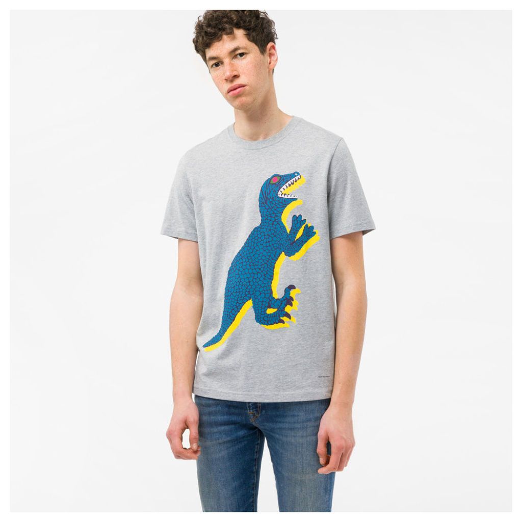 Men's Grey Marl Organic-Cotton 'Dino' Print T-Shirt